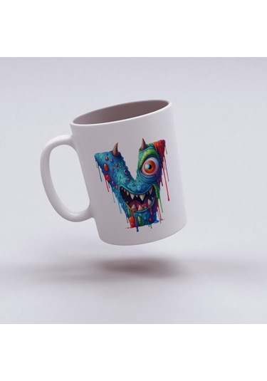 V Harfi Bardak, Sevimli Canavarlar Harflı Bardak Hediyesi Porselen Beyaz