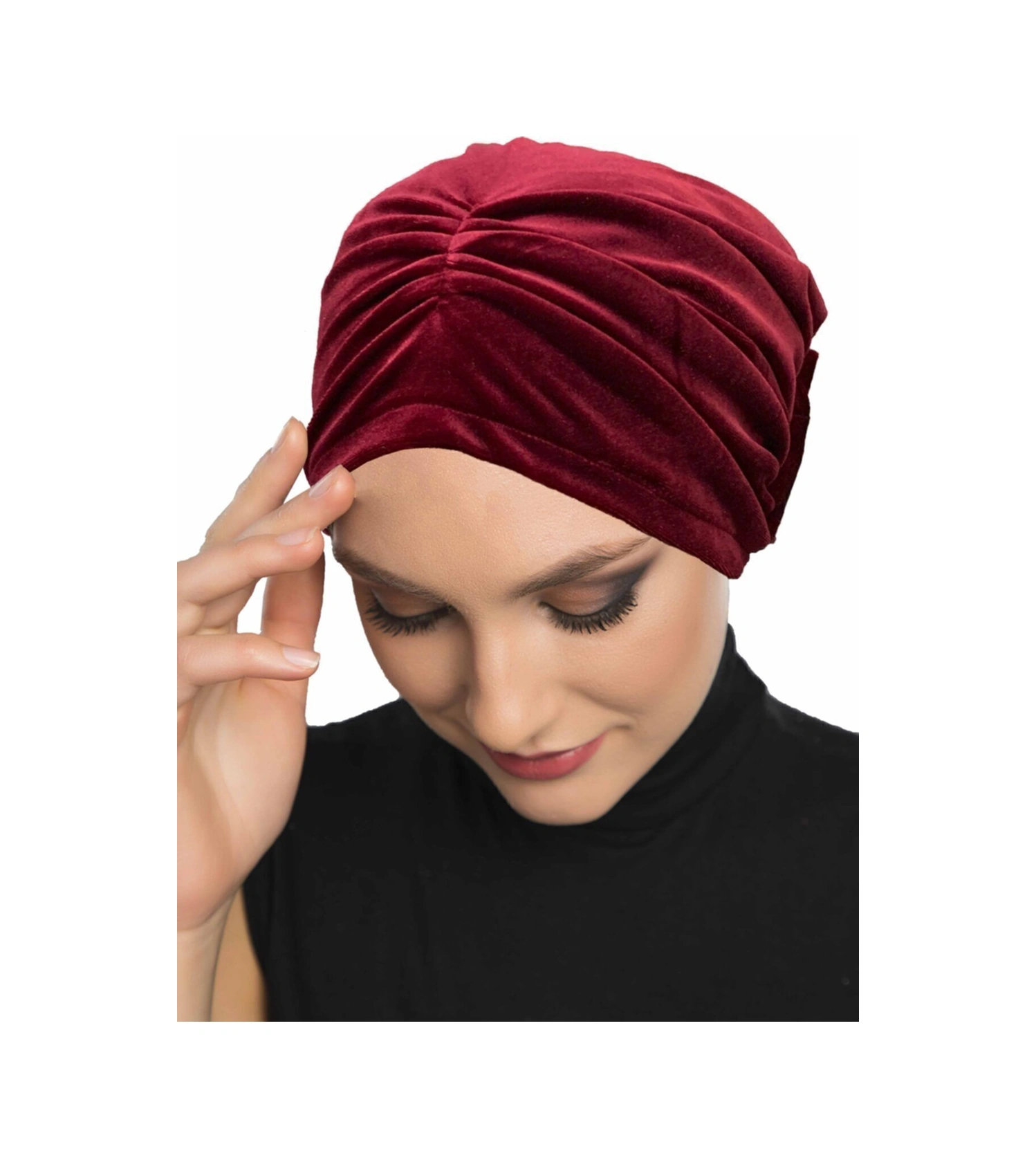 Kadife Fiyonklu Astarlı Bordo Hazır Türban Tesettür Bone Bordo