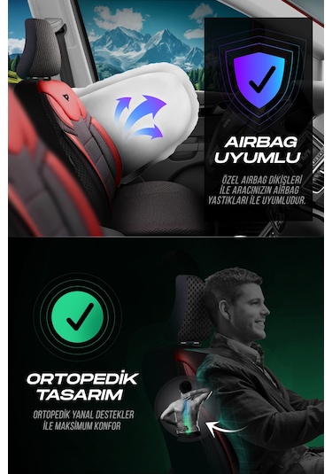 Siyah - Kırmızı Garni Panda Dragon Serisi Dokuma Kumaş Oto Koltuk Kılıfı - Tam Set