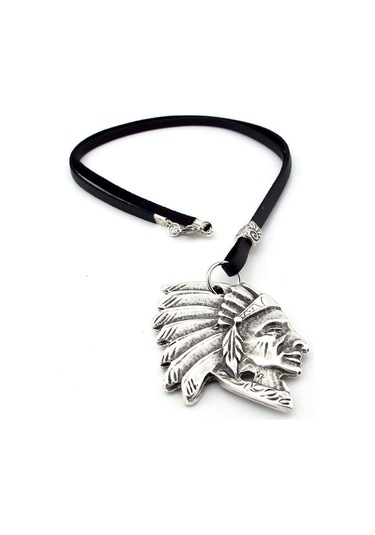 Solfera Kızılderili Şef Ulu Manitu Siyah Deri Metal Erkek Kolye Q0593 Beyaz