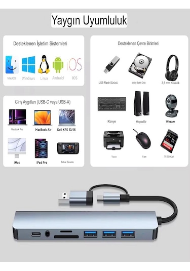 8in2 Alüminyum 4xusb 1xtype-c 3.5mm Jak Tf/sd Usb Hub Çoklayıcı T