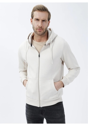 Süvari Kapüşonlu Fermuarlı Yaka Regular Kalıp Düz Ekru Sweatshirt Ekru