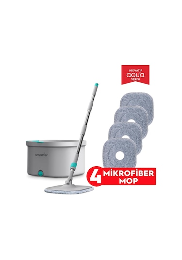Smarter Aqua Master 4 Adet Mikrofiber Mop Temiz Kirli Suyu Ayırma Özelliği Otomatik Temizlik Seti Paspas