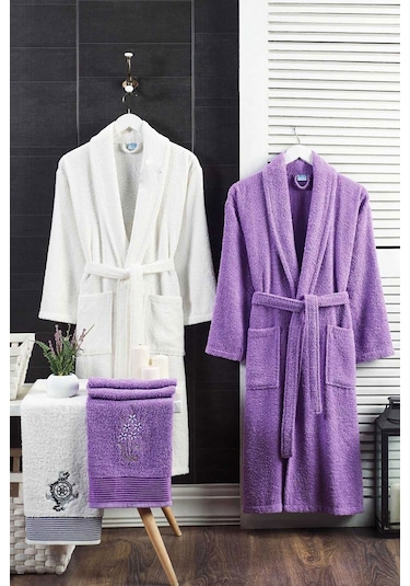 4 Parça Aile Bornoz Seti Kadın Erkek Havlulu Bornoz Takımı Lavanta-beyaz
