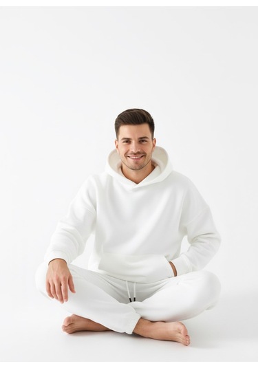 Erkek Beyaz Oversize Hoodie Sweatshirt Beyaz