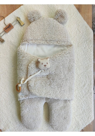 Bebek Dış Kundak Battaniyesi Pelüş Ayaklı Welsoft Uyku Tulumu Kışlık Mont Yenidoğan 0-12 Ay Bej