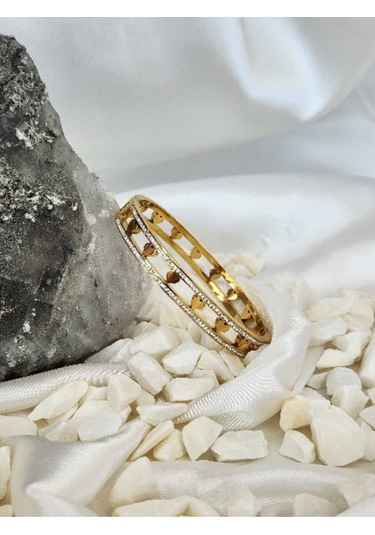 Eva Takı 316 l Çelik Kalp Model Zirkon Taşlı Altın Kaplama Gold Renkli Kelepçe Bileklik