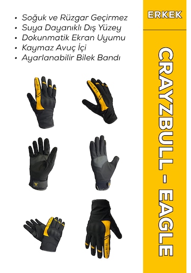 Crazybull Eagle Sarı Su Ve Rüzgar Geçirmez Kışlık Erkek Motosiklet Eldiveni + Buff