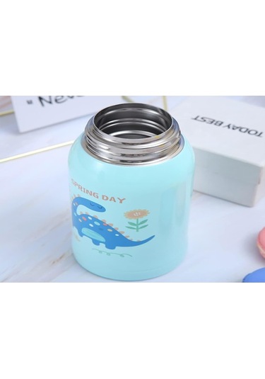 Hangfox Mavi Aslan Desenli Çocukluk Çağı Paslanmaz Çelik Termos Bardak, İki Kapaklı Şişe, Şarjlı İçecek Borusu İle Mavi