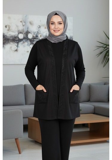 Hesna Kadın Alçin Büyük Beden 2 İp Kristal Taşlı Cepli Siyah Yelek Siyah
