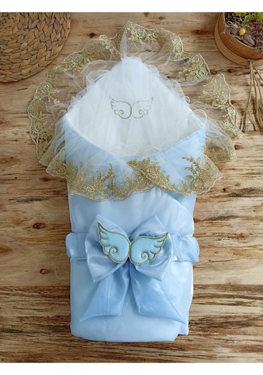 Bebek Battaniyesi Dantelli Bebek Kundağı Mevlütlük Kız Erkek Bebek Hastane Çıkışı Yenidoğan Mavi