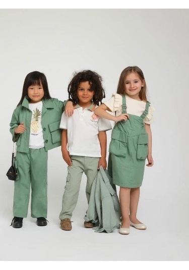 Kız Çocuk Büyük Cepli Askılı Salopet-14133 Yeşil