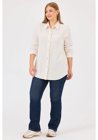 Galaxi Kadın Büyük Beden Çıtçıt Düğmeli Uzun Kollu Gömlek 10002421514025 Ekru Ekru