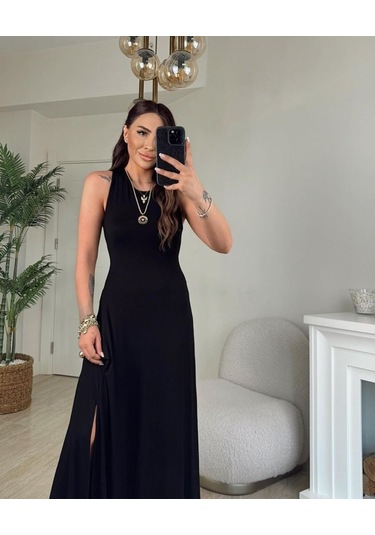 Kadın Arkadan Çapraz Detay Yuvarlak Yaka Maksi Viskon Elbise Siyah