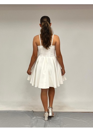 Kız Çocuk Abiye Krem Krep Kısa Pul Payet İşlemeli Biyeli Korseli Kısa Abiye Elbise 10-15 Yaş Krem