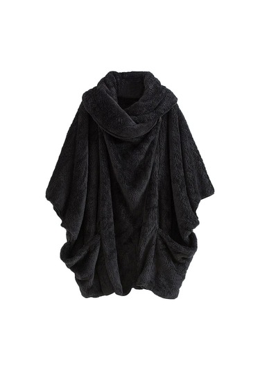 Novahub Kadınlar Casual Katı Balıkçı Yaka Büyük Cepler Pelerin Vintage Büyük Boy Palto Siyah Siyah