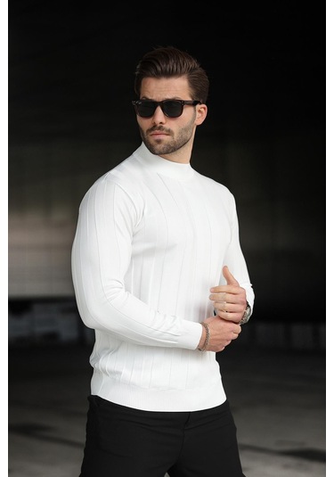 Beyaz Yarım Balıkçı Erkek Triko Kazak E7423 Beyaz