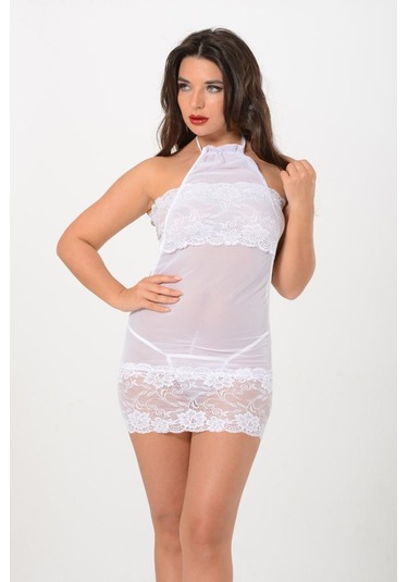 Sistina Bayan Beyaz Dantelli Şifon Gecelik 669 Beyaz