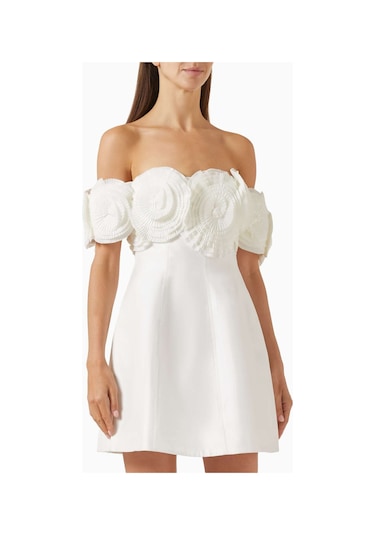 Acler Off - Shoulder Mini Elbise - Aksesuarlı, %65 Polyester %35 Pamuk, Saten Kumaş Beyaz