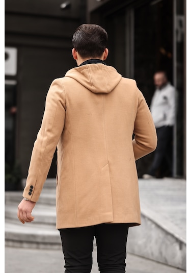 Erkek Vizon Yün Karışımlı Kaşe Kapüşonlu Önü Fermuarlı Kaban Vizon