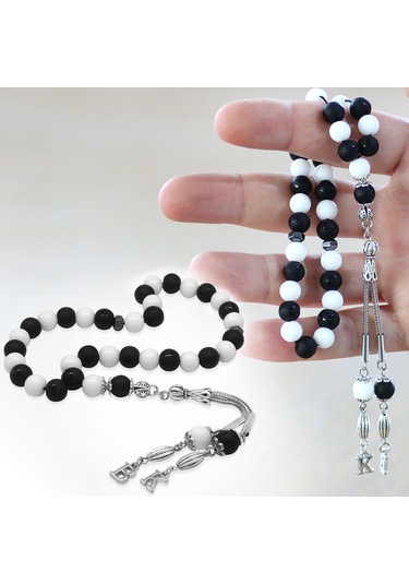 Kararmaz Metal Kişiye Özel Harf Püsküllü Küre Kesim Siyah Beyaz Jade Ayyıldız Oniks Doğaltaş Taraftar Tesbih Siyah - Beyaz