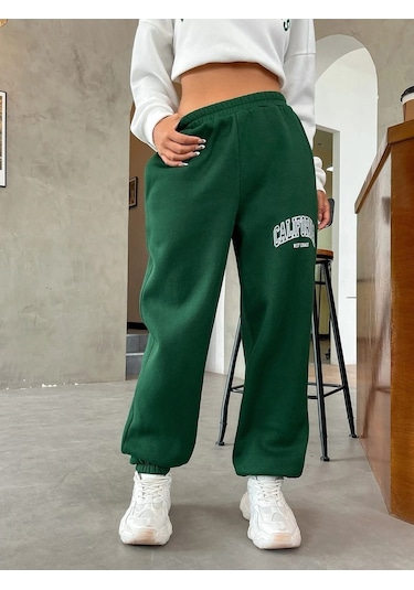 California West Coast Eşofman Altı Jogger - Yeşil Baskılı Lastik Paça Yüksel Bel Yeşil