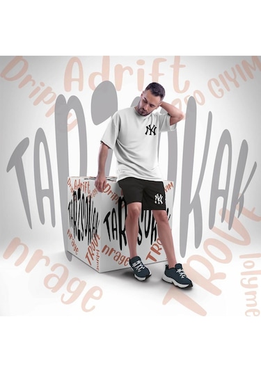 Tarzsokak Unisex Şort Takım Ny Ci Ty Letter Graphic Drawstring Waist Beyaz