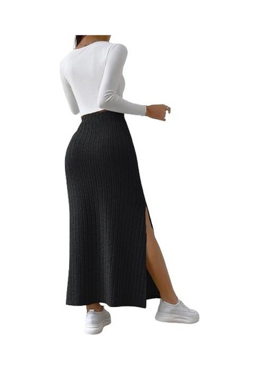 Kadın Nervürlü Örme Etek Yüksek Elastik Bel Yırtmaç Retro Uzun Etek Siyah