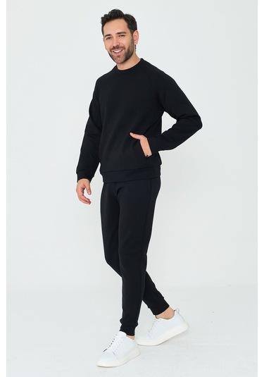 White Stone Siyah Pamuklu Erkek Basic Sweatshirt