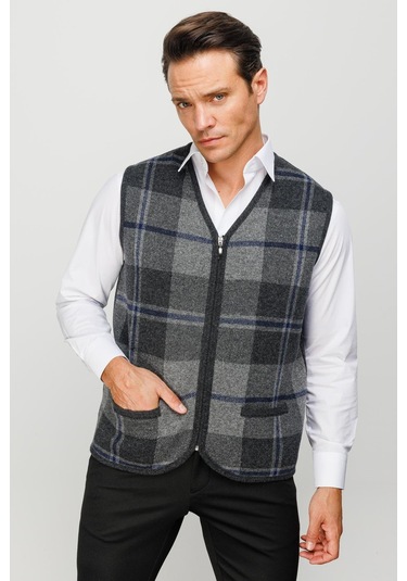 Erkek V Yaka Önü Kareli Yelek K.füme K.füme