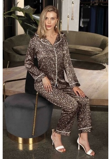 5660 Uzun Kol Saten Pijama Takımı LEOPAR