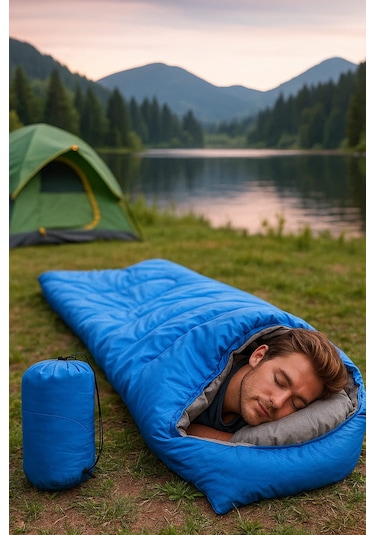 -25 C Su Geçirmeyen Piknik/kamp/tatil Uyku Tulumu Mavi Gri - Mavi