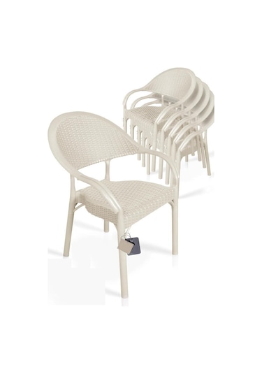 6 Adet Bambu Rattan Kollu Sandalye Koltuk Kapiçino Krem