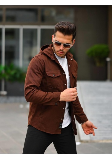 Kahve Renk Kapüşonlu Kot Ceket-1361 Kahverengi