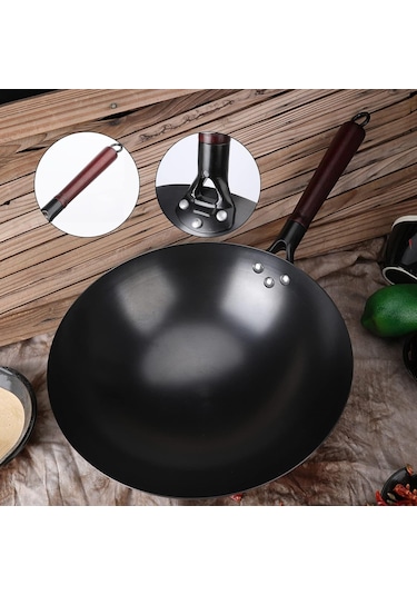 Çinli El Dövülmüş Demir Woks, Yuvarlak Tabanlı Dökme Demir Wok & Ahşap Kapaklı Kızartma Tavaları, Kaplama, Daha Az Yağ, Yapışmaz Pot-36cm 30cm Ahşap