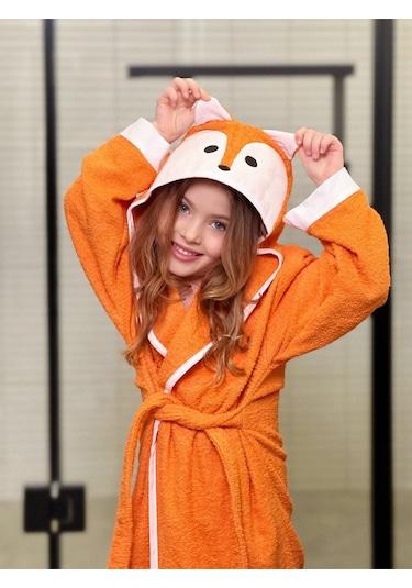 Formeya Kapşonlu Çocuk Bornoz %100 Pamuk Su Emici Tilki Figürlü Turuncu