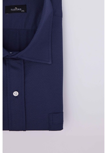 Tudors Büyük Beden Uzun Kollu Kolay Ütü Kravatlık Armürlü Pamuklu Lacivert Erkek Gömlek-30025-lacivert