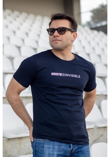 Erkek Lacivert Invisible Yazı Baskılı Basic Kısa Kollu Bisiklet Yaka Tişört 20etshyunz 001