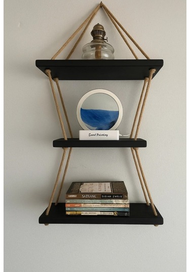 3 Katlı Dekoratif Ahşap Halatlı Duvar Rafı Kitaplık & Çiçeklik Uçan Raf Ahşap - Siyah