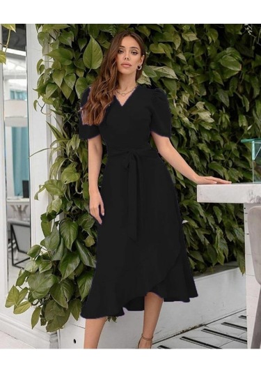 Kadın Kruvaze Yaka Midi Boy Kuşaklı Krep Elbise 120 Cm Siyah