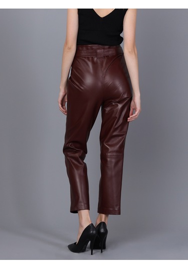 Basics&more Kadın Hakiki Deri Pantolon P01 Mürdüm