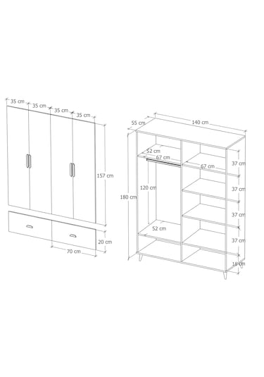 İnci 4 Kapaklı 2 Çekmeceli Gardırop Beyaz %100 Mdf