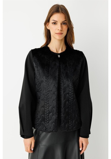 Kürk Ceketli Deri Etekli Takım Siyah Siyah