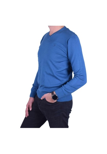 Erkek V Yaka Triko Kazak Mavi Regular Fit Pamuklu, Ot-Kzk-20003 Mavi