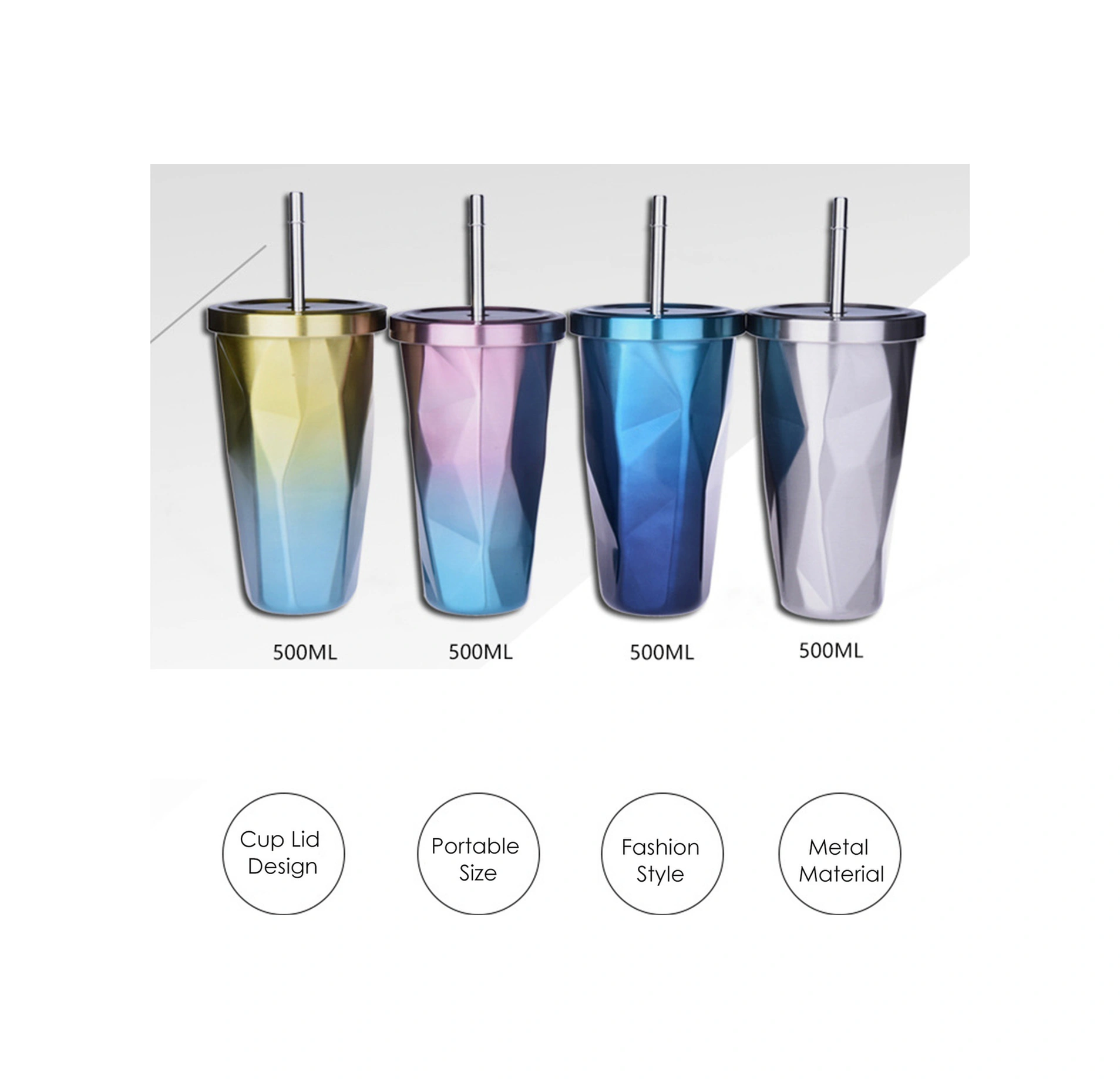 Neevoyu Stahl Çift Katlı 500ml Termos Bardak, İbrikli, Renkli Desenli, Isı Ve Soğuk Saklama Özelliği