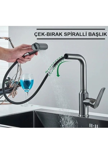 Boheme Fleko Çok Modlu Spiralli Mutfak Evye Bataryası Şelale Yağmurlama Fonksiyonel Antrasit