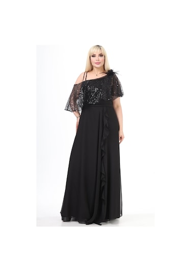 Ladies First Büyük Beden 3858 Siyah Uzun Abiye Elbise 001