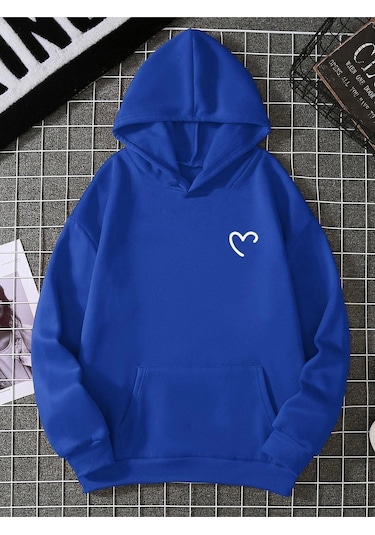 Yarım Kalp Sweatshirt - Saks Mavi Baskılı Oversize Kapüşonlu Sax Mavi