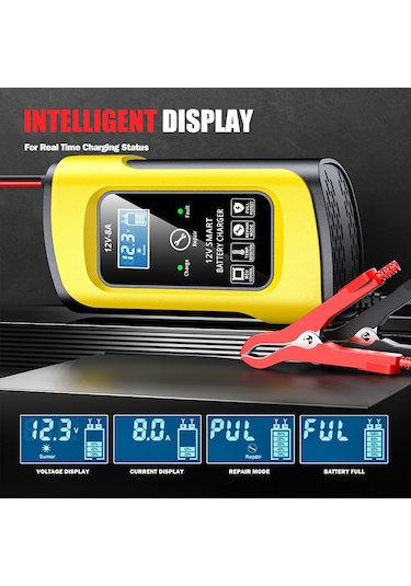 Ranyeek 12v Akıllı Akü Şarj Cihazı - Zayıf Akü Aktivasyonu, Sıcaklık Algılama, Lcd Ekranlı, Geniş Uyumlu 4-140ah - Sarı, Avrupa Standartı 100-240v