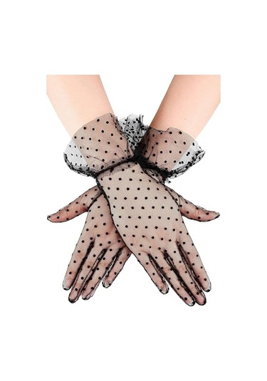 Güpürlü Tüllü Puantiyeli Şeffaf Parti Kostüm Kına Düğün & Gelin Eldiveni Siyah Çok Renkli